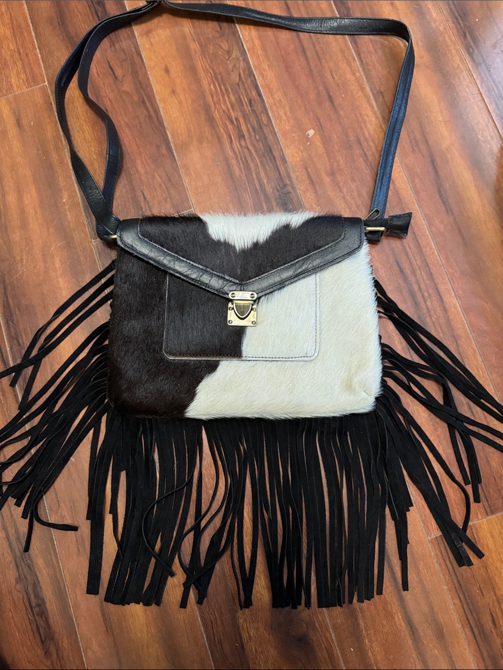 Fringe Crossbody Bag with Brown,Black & White Haircalf Accent